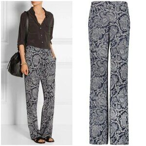 THEORY Mitrana Georgette Wide Leg Pant ~ 100% Silk Navy Blue Paisley Print Large